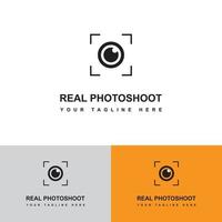 Real Photoshoot Logo Design Template. Camera shutter icons. Aperture and lens for focus. Photo optics. Diaphragm, objective, zoom-snap of the photograph. Logos of photography studio, film, picture. vector