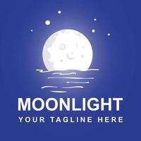 Moonlight Logo Design Template-Moonlight Logo Vector Night Background. Moon phase. Waning Moon With Stars, Water, Sea.