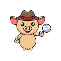 vector illustration of cute detective pig with smiling expression