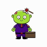 cute vector illustration of halloween zombie office worker with ax sticking in his head