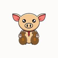 vector illustration of cute pig holding a sack filled with money