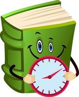 Cartoon book character is holding clock, illustration, vector on white background.