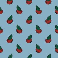 Cherry with leaf,seamless pattern on blue background. vector