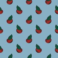 Cherry with leaf,seamless pattern on blue background. vector