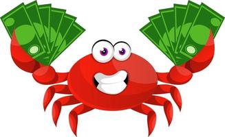 Crab with money, illustration, vector on white background.