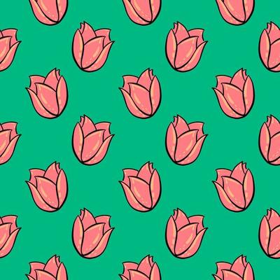 Red tulip, seamless pattern on green background.