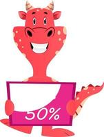 Red dragon is holding discount board, illustration, vector on white background.