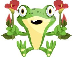 Joyful baby frog holding two flowers, illustration, vector on white background.