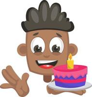 Boy with birthday cake, illustration, vector on white background.