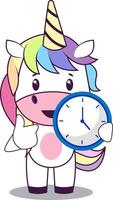 Unicorn with clock, illustration, vector on white background.