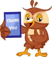 Owl with thank you sign, illustration, vector on white background.