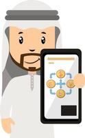 Arab with cellphone, illustration, vector on white background.