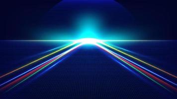 Abstract technology futuristic concept neon glowing lighting arrow lines way light burst on dark blue grid perspective background vector