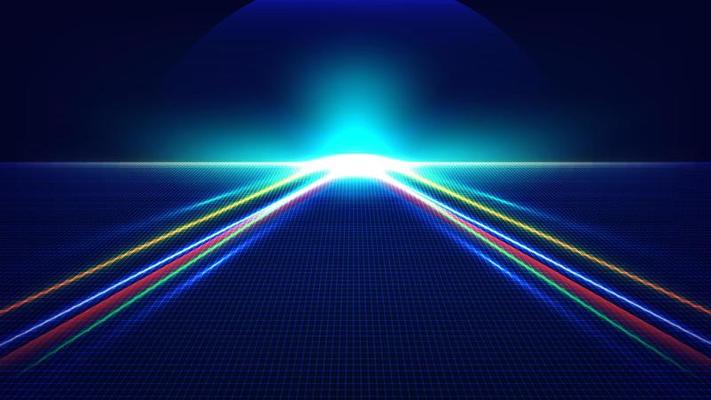 Abstract technology futuristic concept neon glowing lighting arrow lines way light burst on dark blue grid perspective background