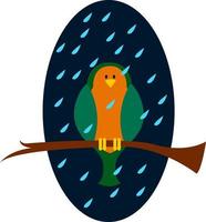 Bird sitting in the rain, illustration, vector on white background.