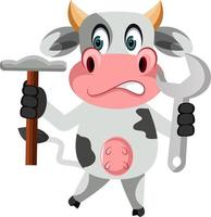 Cow with hammer, illustration, vector on white background.