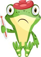 Sad sick frog holding a thermometer, illustration, vector on white background.