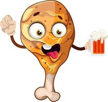 Fried chicken leg holding a beer, illustration, vector on white background.