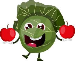 Cabbage is holding two apples, illustration, vector on white background.