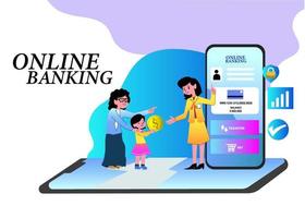 ilustración del concepto de banca móvil de personas que usan teléfonos inteligentes para realizar operaciones bancarias con transacciones en línea y símbolos bancarios vector