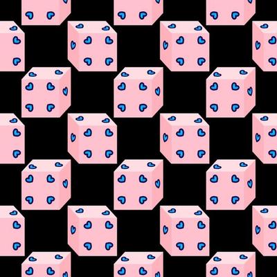 Dices with hearts, seamless pattern on black background.