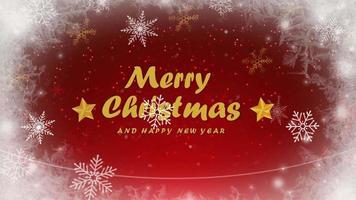 Animation red background and golden snowflakes sparkle with golden text Merry Christmas. video