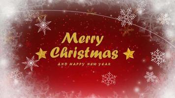 Animation red background and golden snowflakes sparkle with golden text Merry Christmas. video