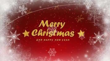 Animation red background and golden snowflakes sparkle with golden text Merry Christmas. video