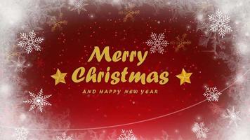 Animation red background and golden snowflakes sparkle with golden text Merry Christmas. video