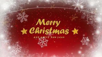 Animation red background and golden snowflakes sparkle with golden text Merry Christmas. video