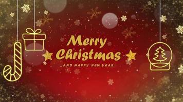 Animation red background and golden snowflakes sparkle with golden text Merry Christmas. video