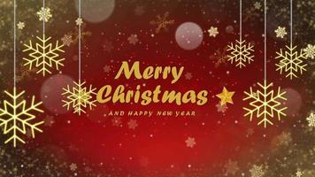 Animation red background and golden snowflakes sparkle with golden text Merry Christmas. video