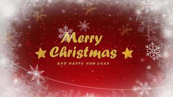 Animation red background and golden snowflakes sparkle with golden text Merry Christmas. video