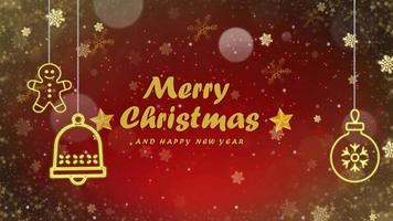 Animation red background and golden snowflakes sparkle with golden text Merry Christmas. video