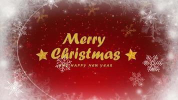 Animation red background and golden snowflakes sparkle with golden text Merry Christmas. video