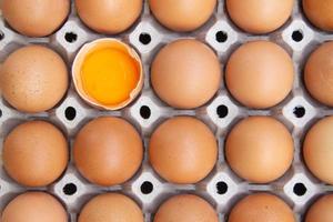 el huevo de gallina marrón está medio roto entre otros huevos, huevos empacados en cartón o cajas para transportar, huevo de gallina foto