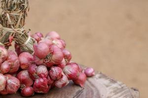 Shallots still on wood background photo