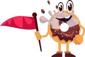 Donut holding red flag, illustration, vector on white background.