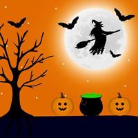 Halloween patty. Witch and bats are flying witch in the woods vector