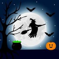 Halloween patty. Witch and bats are flying witch in the woods vector