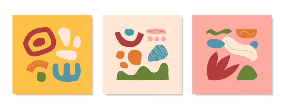 conjunto de tres patrones sin fisuras. dibujado a mano varias formas abstractas y objetos de garabatos. ilustración vectorial de moda moderna. vector