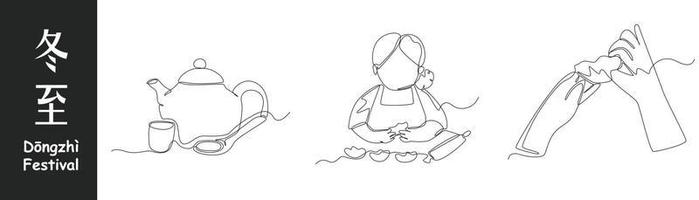 Continuous one line drawing dongzhi festival concept set. Traditional Teapot, girl makes Pan-Fried Dumplings and hand hold dumpling. Single line draw design vector graphic illustration.