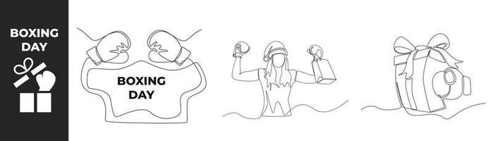 Single one line geometric boxing day concept set. Gloves boxing, girl with boxing gloves and box ribbon with boxing glove. Continuous line draw design graphic vector illustration.