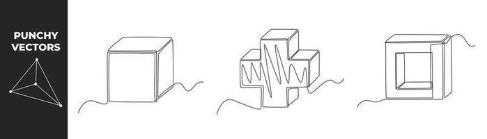 conjunto de conceptos de formas geométricas de una sola línea. cubo, cruz más y cuadrado. vector contundente. ilustración de vector gráfico de diseño de dibujo de línea continua.