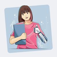 Ultramodern Concept. Confident young girl with stylish bionic prosthesis arm holding laptop vector illustration pro download