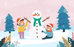 celebra la navidad con niños felices y muñecos de nieve vector