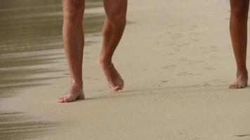 touristes marchant pieds nus sur la plage de sable humide de nai harn, phuket video