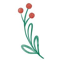 Cute watercolor winter floral minimalist clip art. Green branch with red berries and leaves. Simple Christmas design element. vector