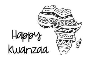 Happy Kwanzaa greeting card. Coloring page. Vector illustration of Africa with ethnic tribal African style ornament pattern. Hand drawn black and white horizontal stripes. Simple artistic map