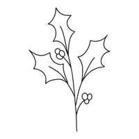 Hand drawn minimalist holly berry mistletoe branch with leaves and berries. Black contour line outline vector illutration in minimal doodle style. Winter holidays floral clip art, greenery